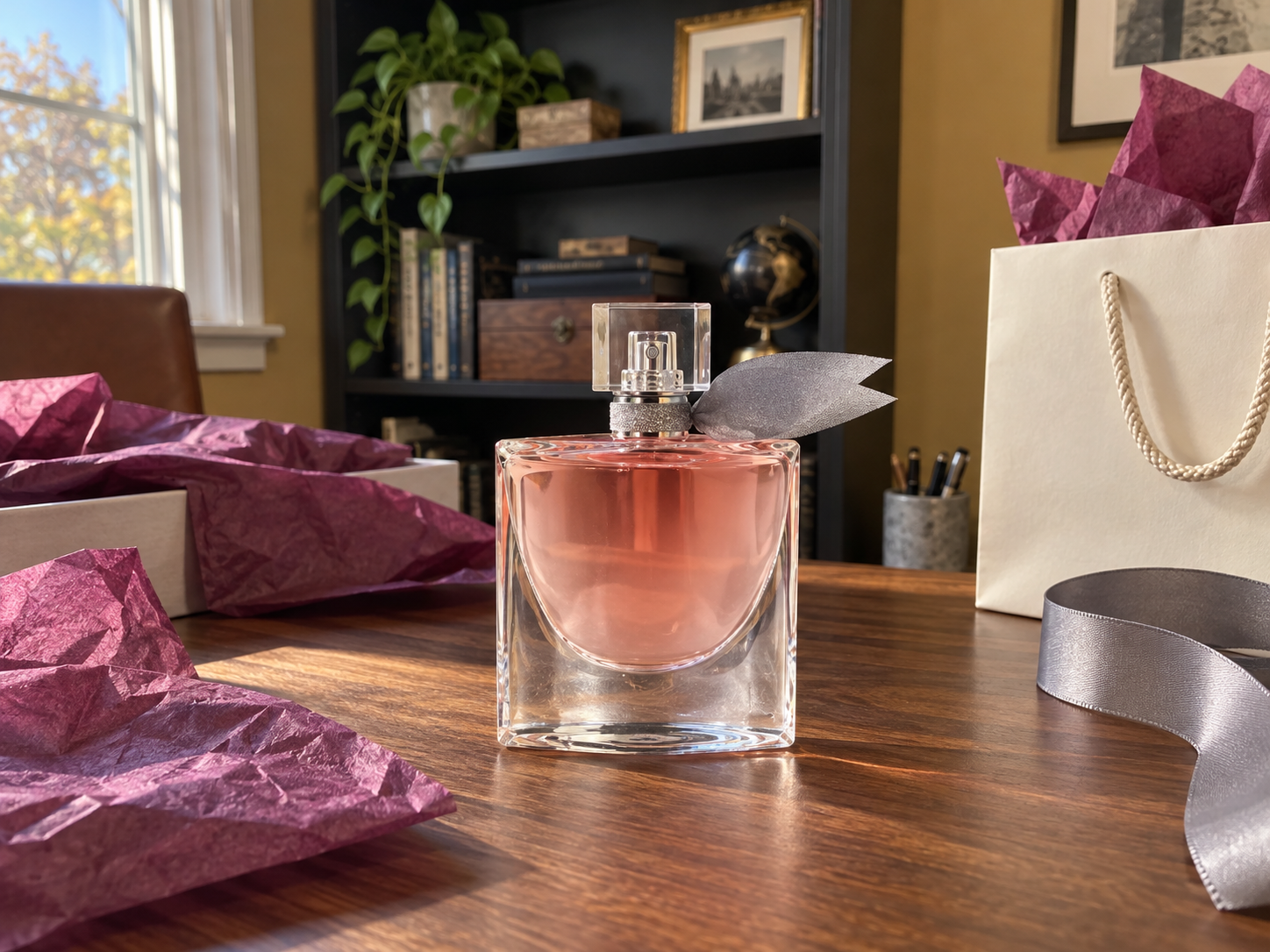 A Lancôme La Vie Est Belle perfume bottle with its grey ribbon on a walnut desk beside plum gift tissue and a cream gift bag