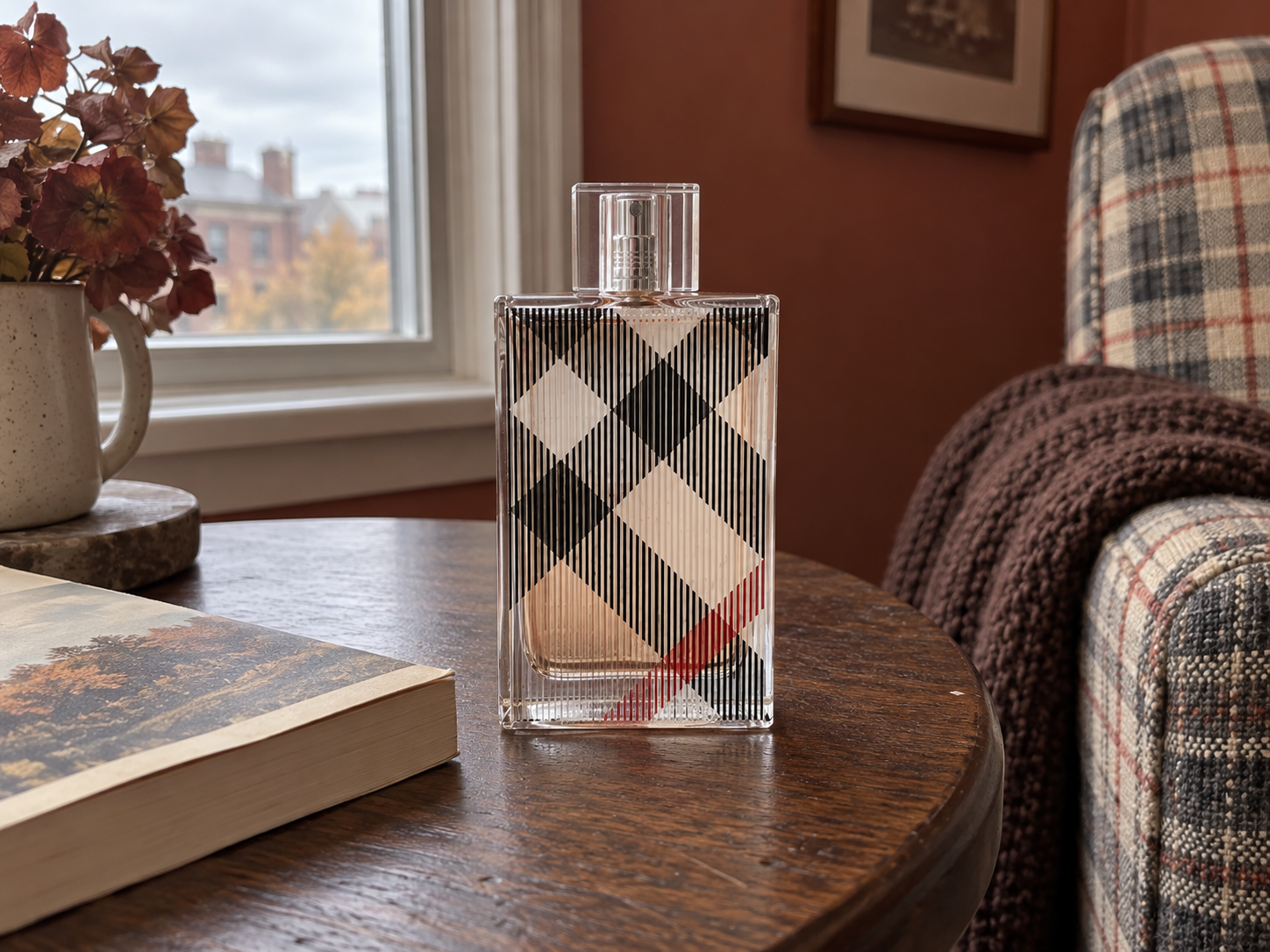 A check-pattern Burberry Brit perfume bottle on an oak side table beside a paperback and plaid armchair