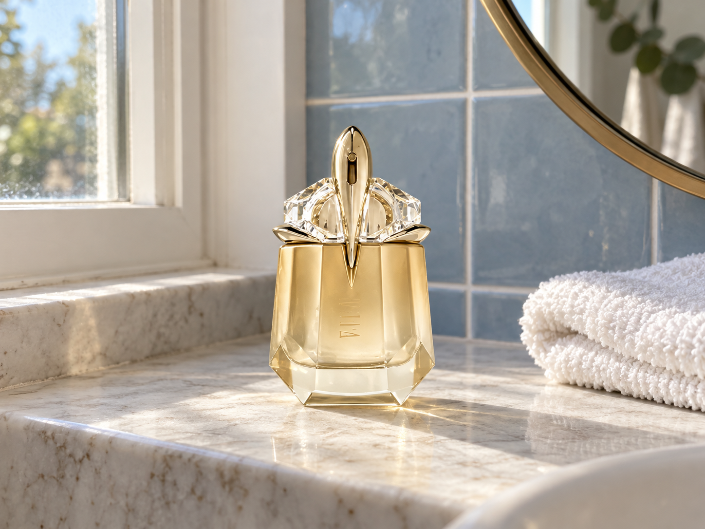 The gold Mugler Alien Goddess perfume bottle on a stone bathroom window ledge beside blue tiles