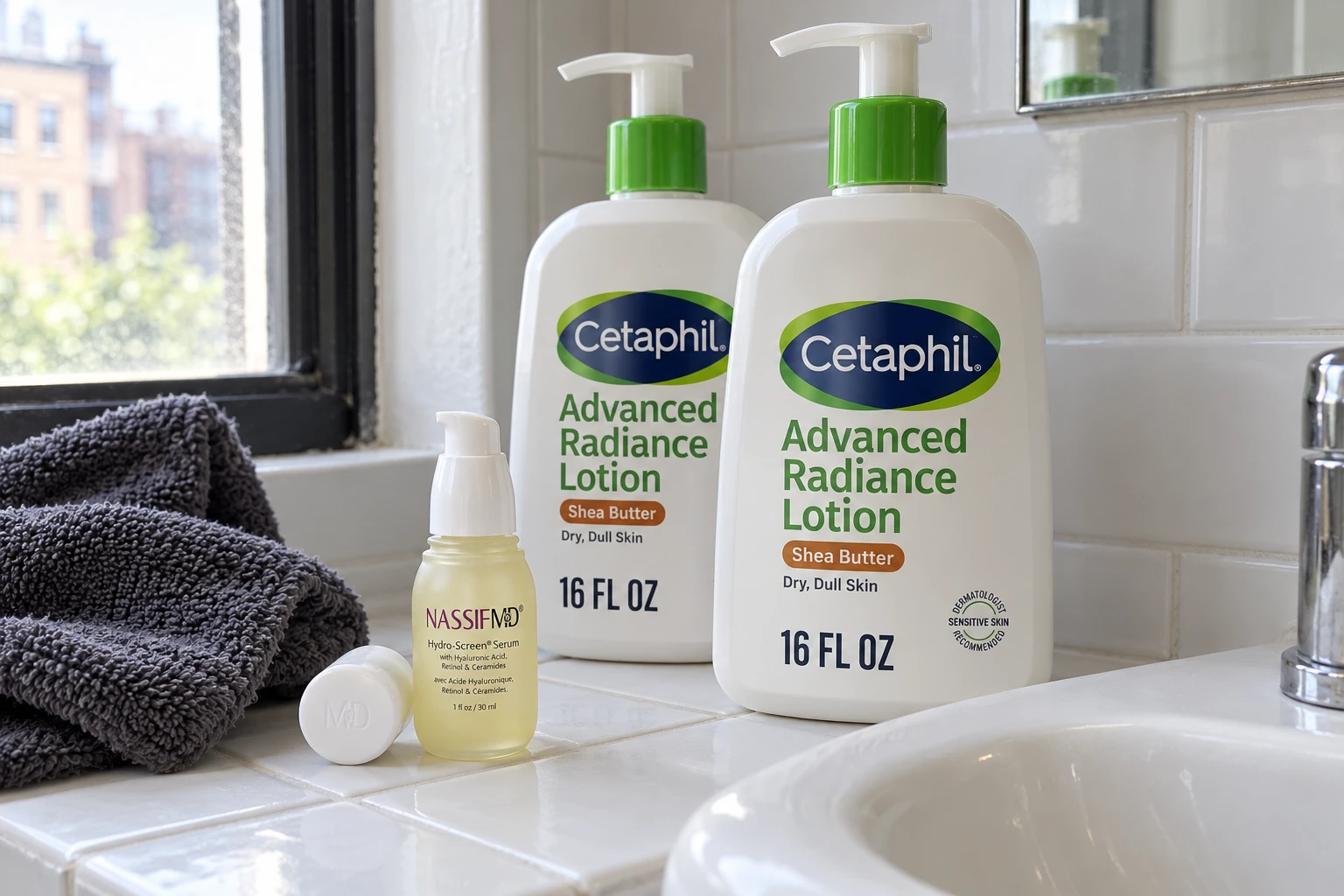 Two Cetaphil Advanced Radiance Shea Butter lotion pump bottles beside a small NassifMD Hydro-Screen serum and a charcoal towel on a tiled bathroom shelf