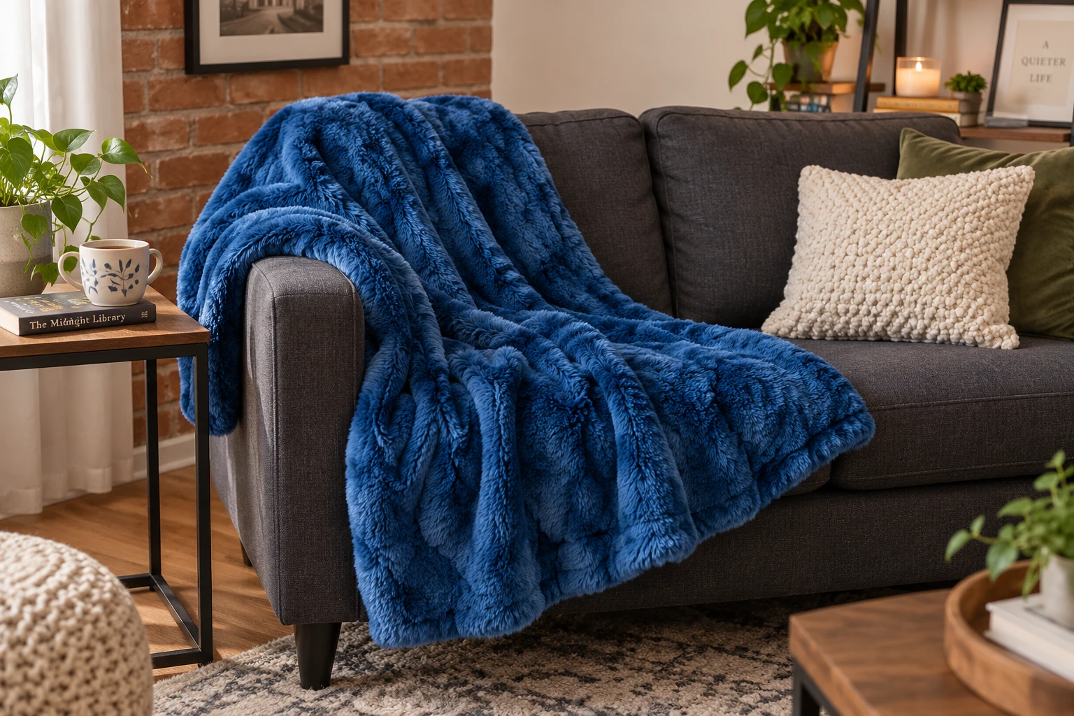 A rich blue faux-fur throw draped across one side of a charcoal sofa beside a book and mug in a brick-accented apartment