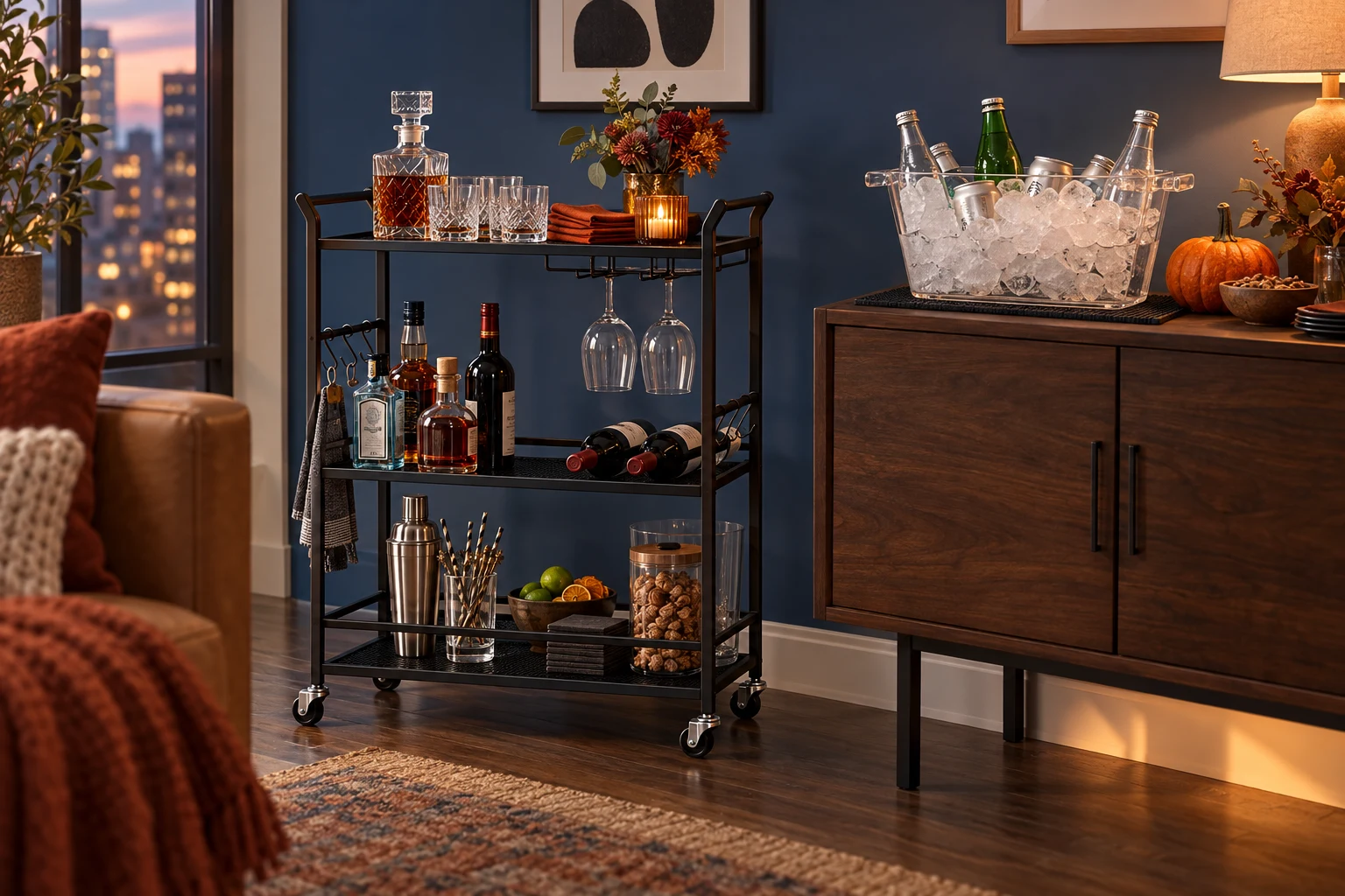 Black three-tier VASAGLE cart beside an OGGI clear acrylic beverage tub on a separate wide walnut console against an ink-blue wall