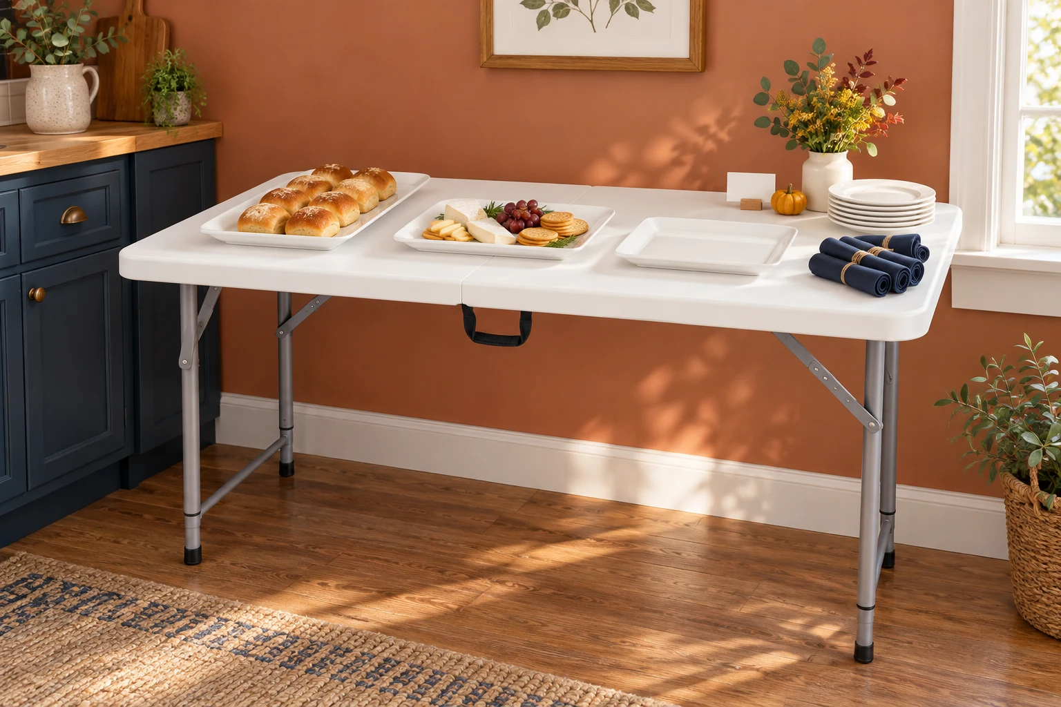 White VINGLI folding table with gray legs and three white rectangular DOWAN platters in a terracotta and navy farmhouse nook