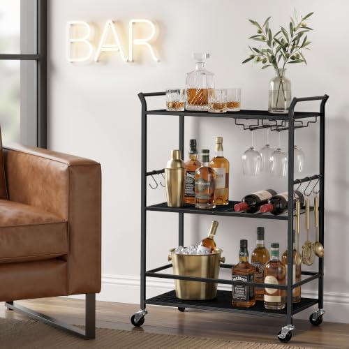 VASAGLE 3-Tier Bar Cart ULRC200B101 — Black + Matte Black; size label 12.6"W; overall 25.4 x 12.6 x 33.7 in