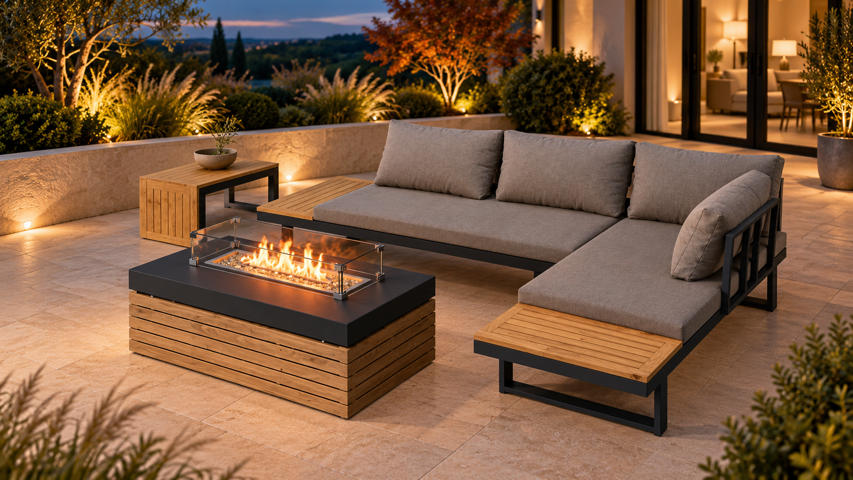 Gray modular patio seating and a rectangular fire-pit table on a warmly lit limestone terrace with autumn landscaping