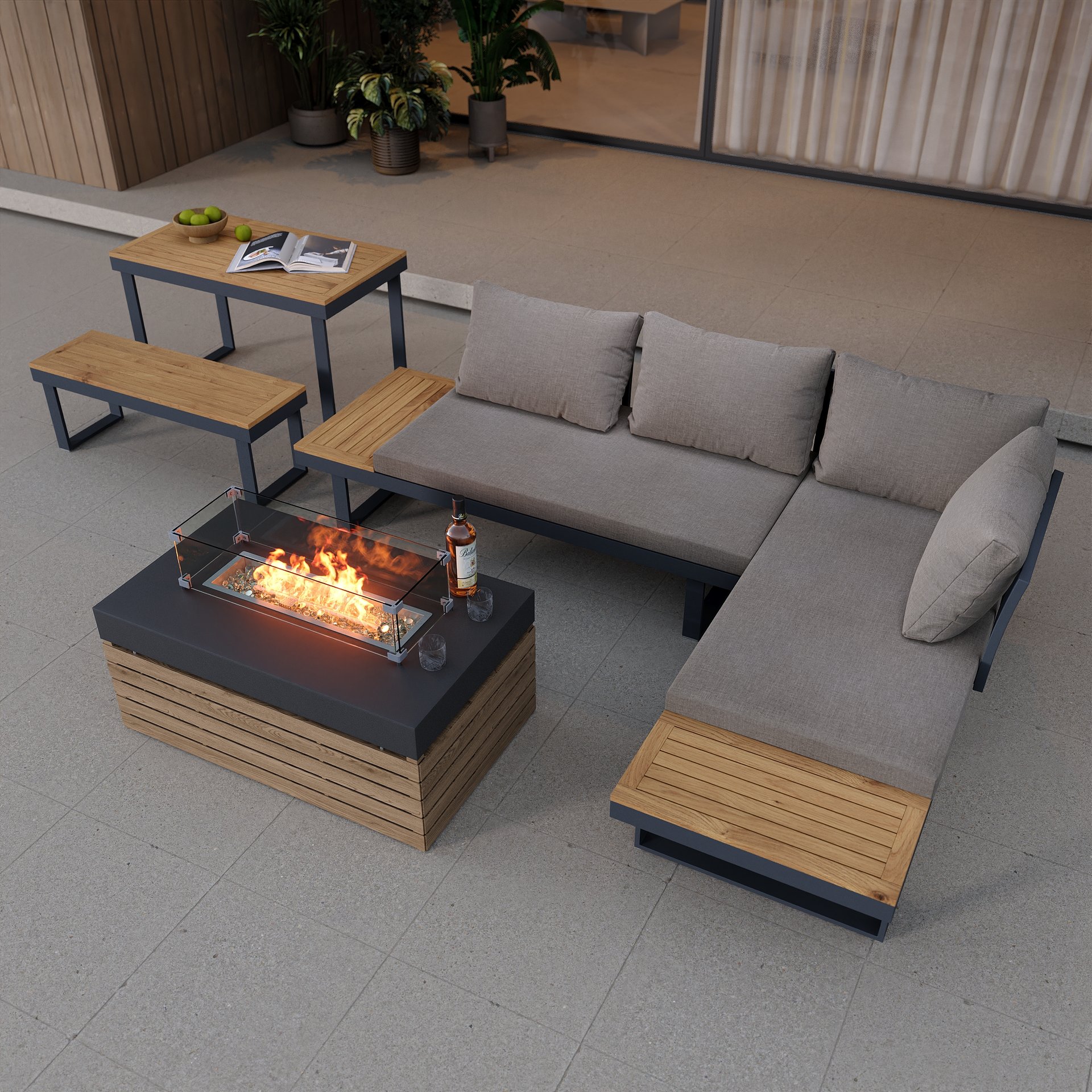Homary modular sofa, bench and propane fire-pit bundle