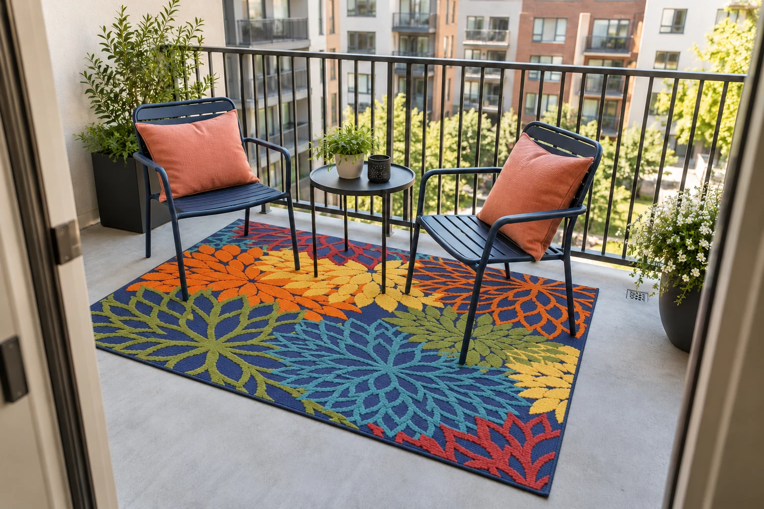Nourison Aloha navy rug with large lime, turquoise, orange and yellow flowers on a concrete apartment balcony with two blue chairs