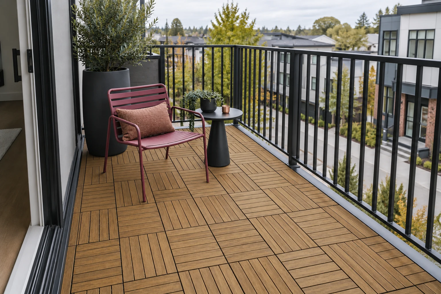 Warm brown Peruvian Teak composite deck tiles on a compact contemporary balcony with a burgundy chair