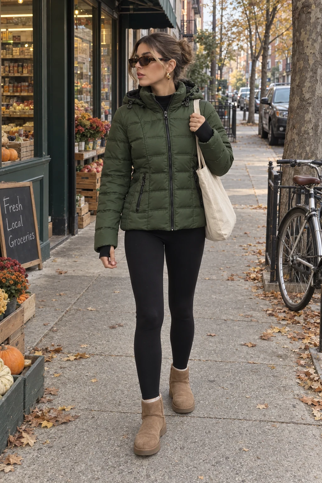 A woman outside a neighborhood grocery wearing an olive hooded puffer, black leggings and tan ankle boots