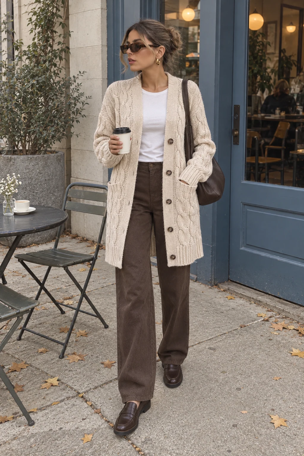 A woman outside a cafe wearing an off-white cable cardigan, a white top, brown trousers and brown loafers