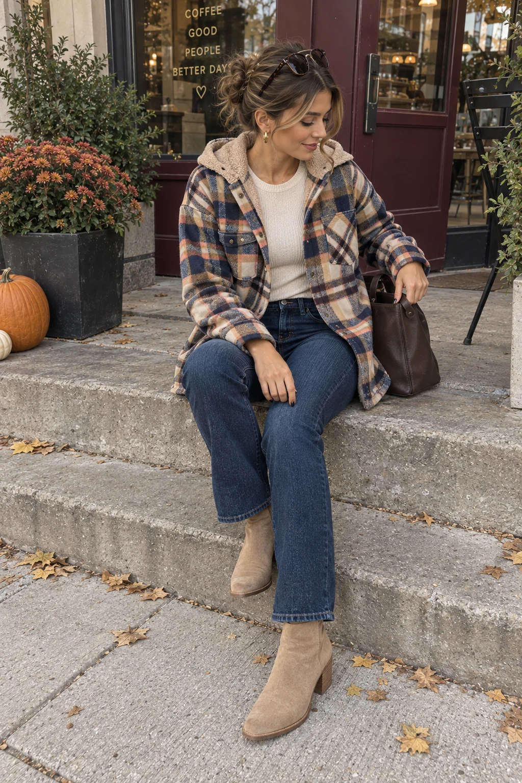 A woman seated on cafe steps with sunglasses on her head, wearing a hooded plaid shacket, cream top, dark jeans and tan boots