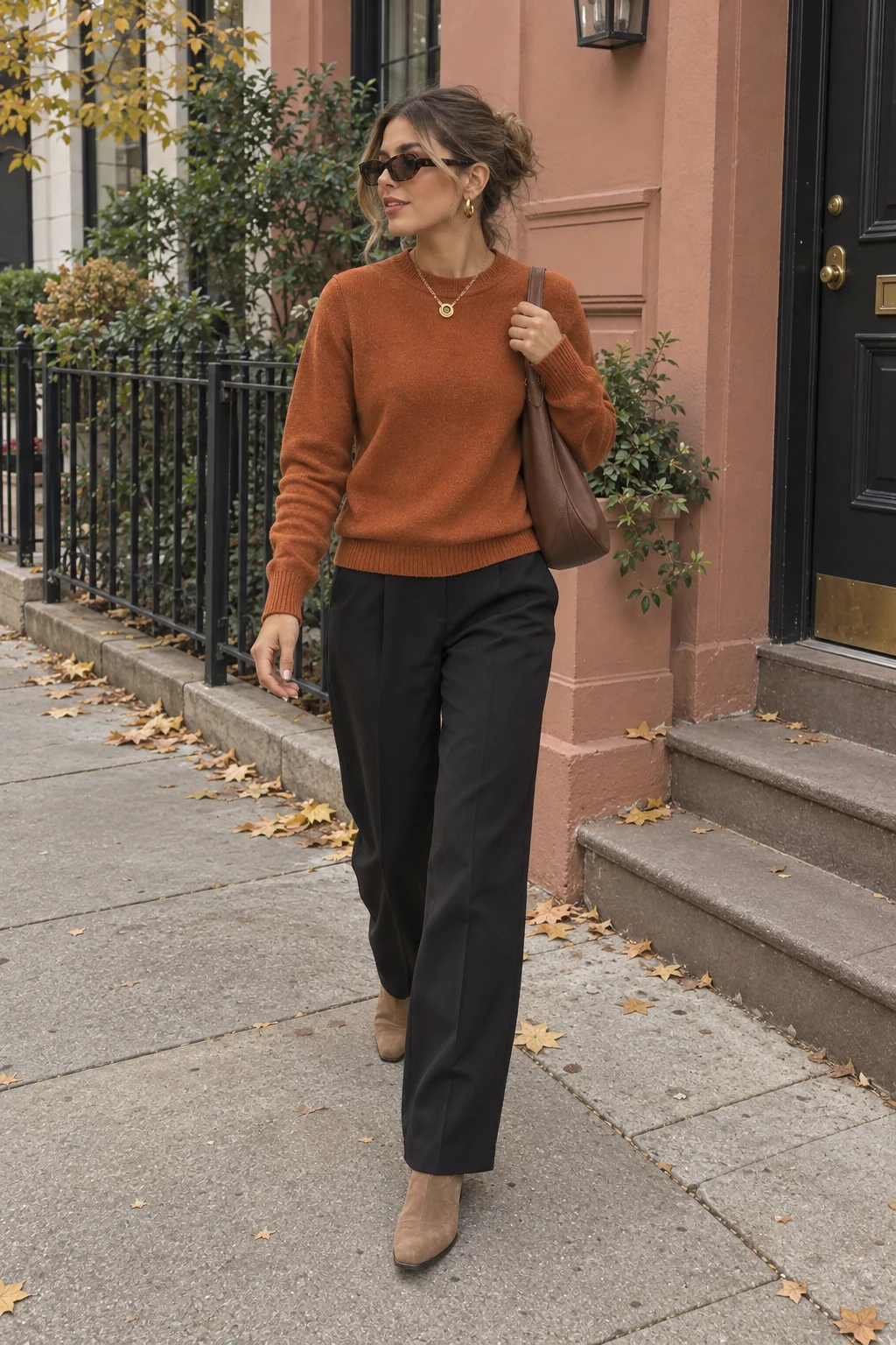 A woman walking toward a townhouse in a caramel crewneck, relaxed black trousers and tan ankle boots