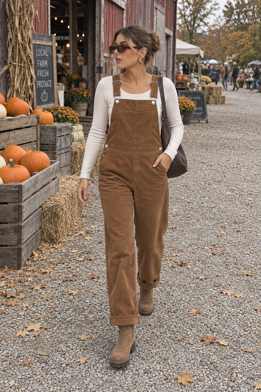 A woman at a farm market wearing Pecan Brown corduroy overalls, a cream long-sleeve top and tan boots