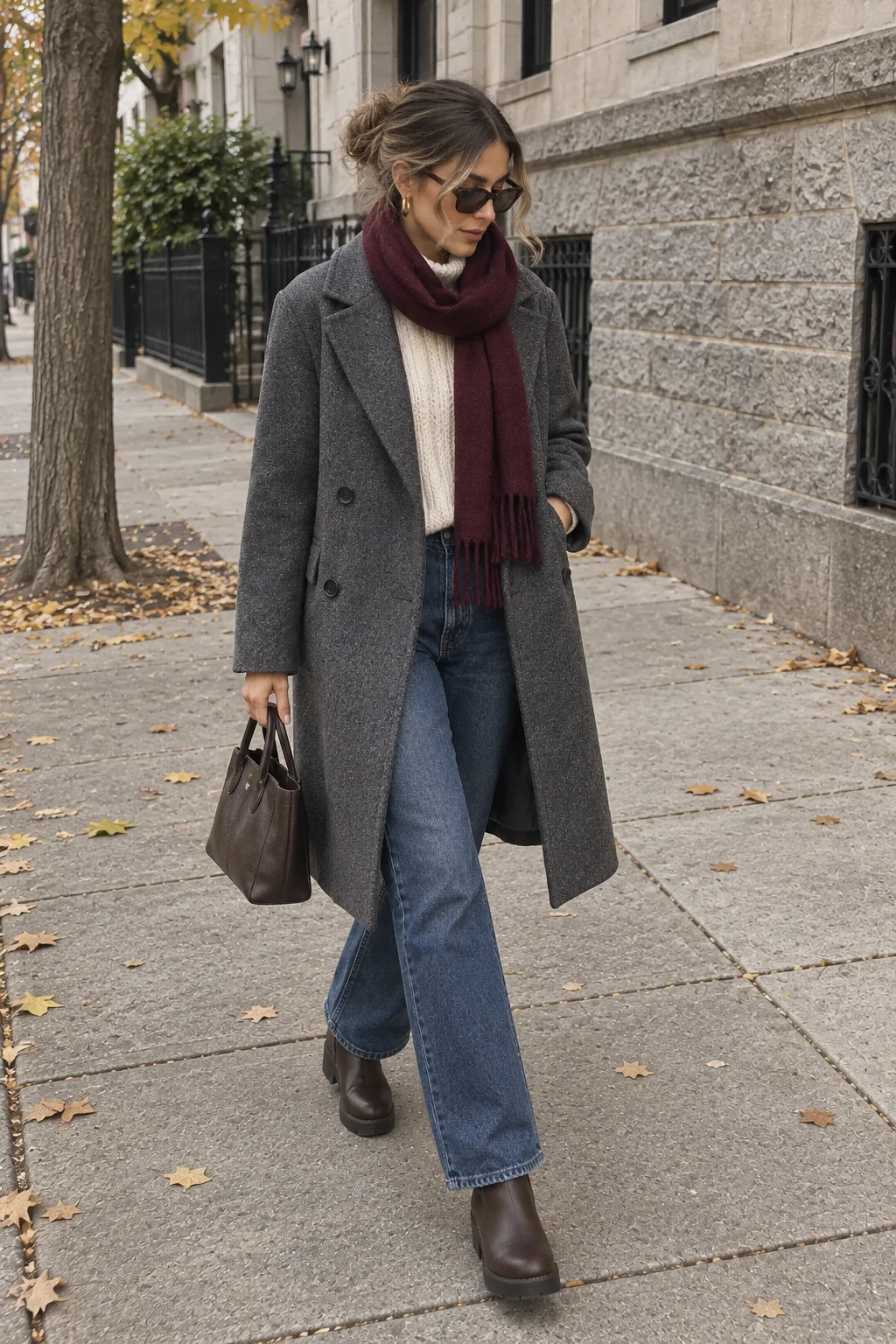 A woman walking in a dark-grey coat, burgundy scarf, cream knit, dark jeans and brown ankle boots