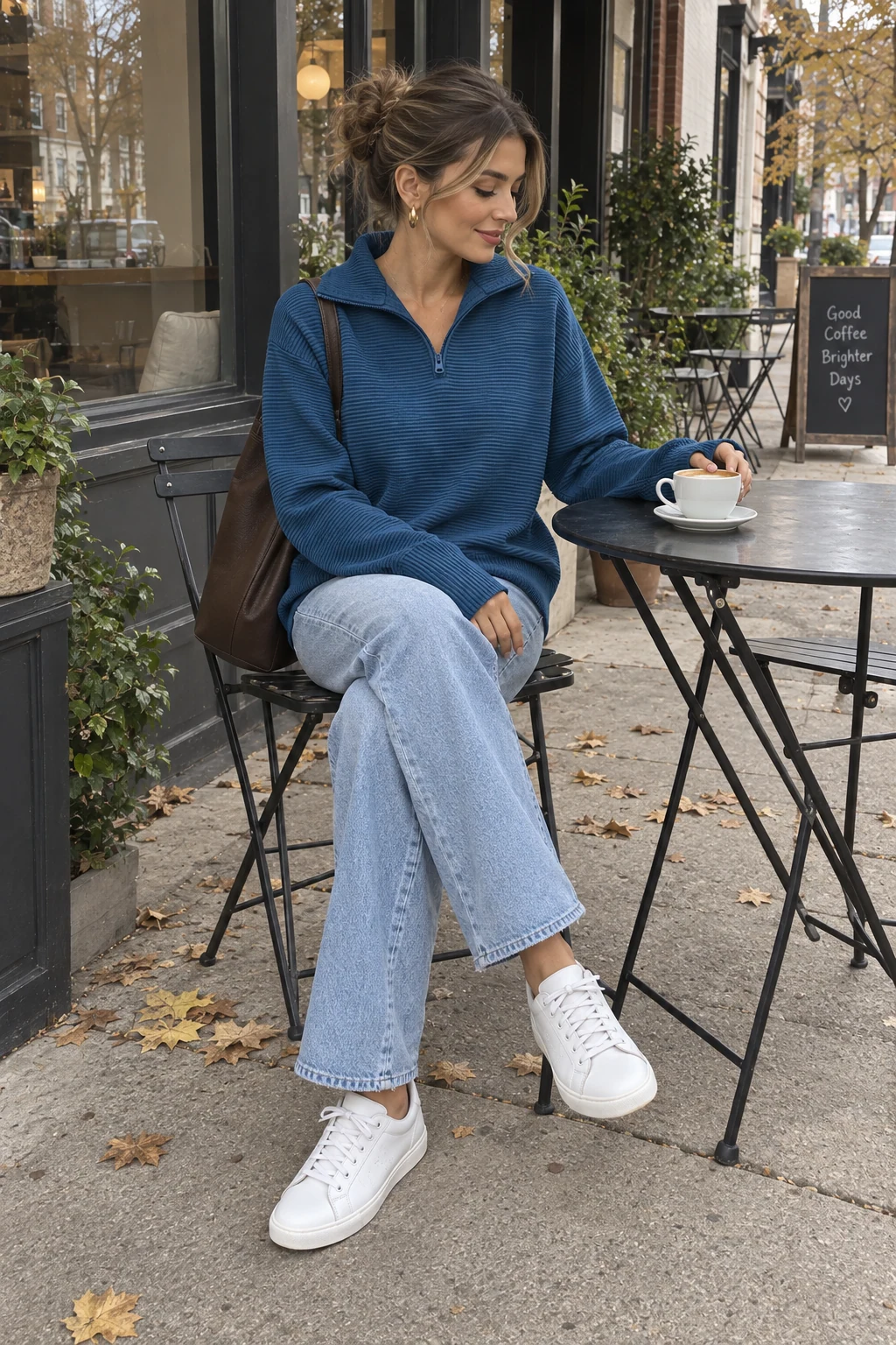 A woman seated at an outdoor cafe without sunglasses, wearing a blue ribbed quarter-zip, jeans and white sneakers