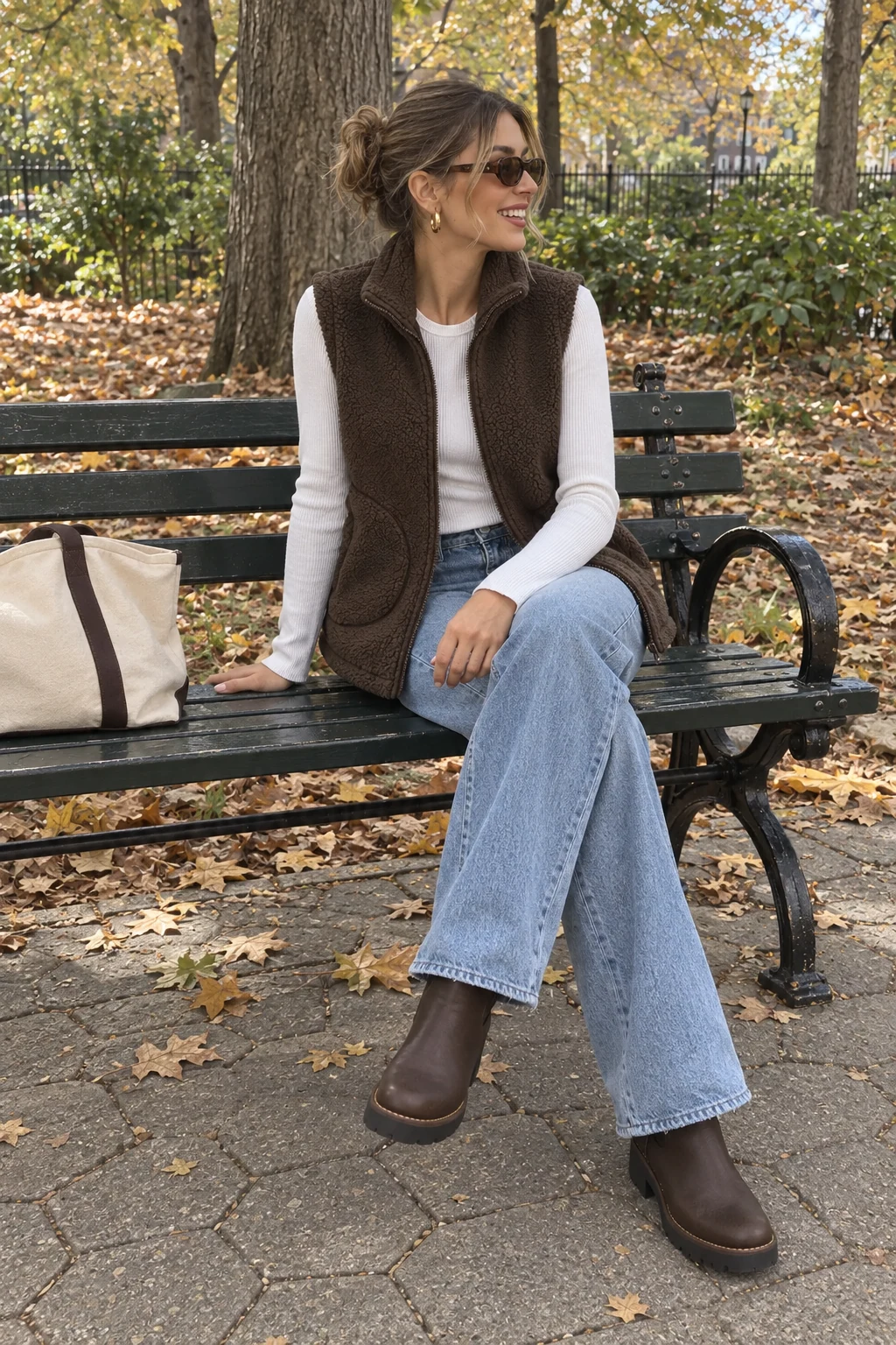 A woman seated on a park bench in a brown sherpa vest, white long-sleeve top, wide-leg jeans and brown ankle boots