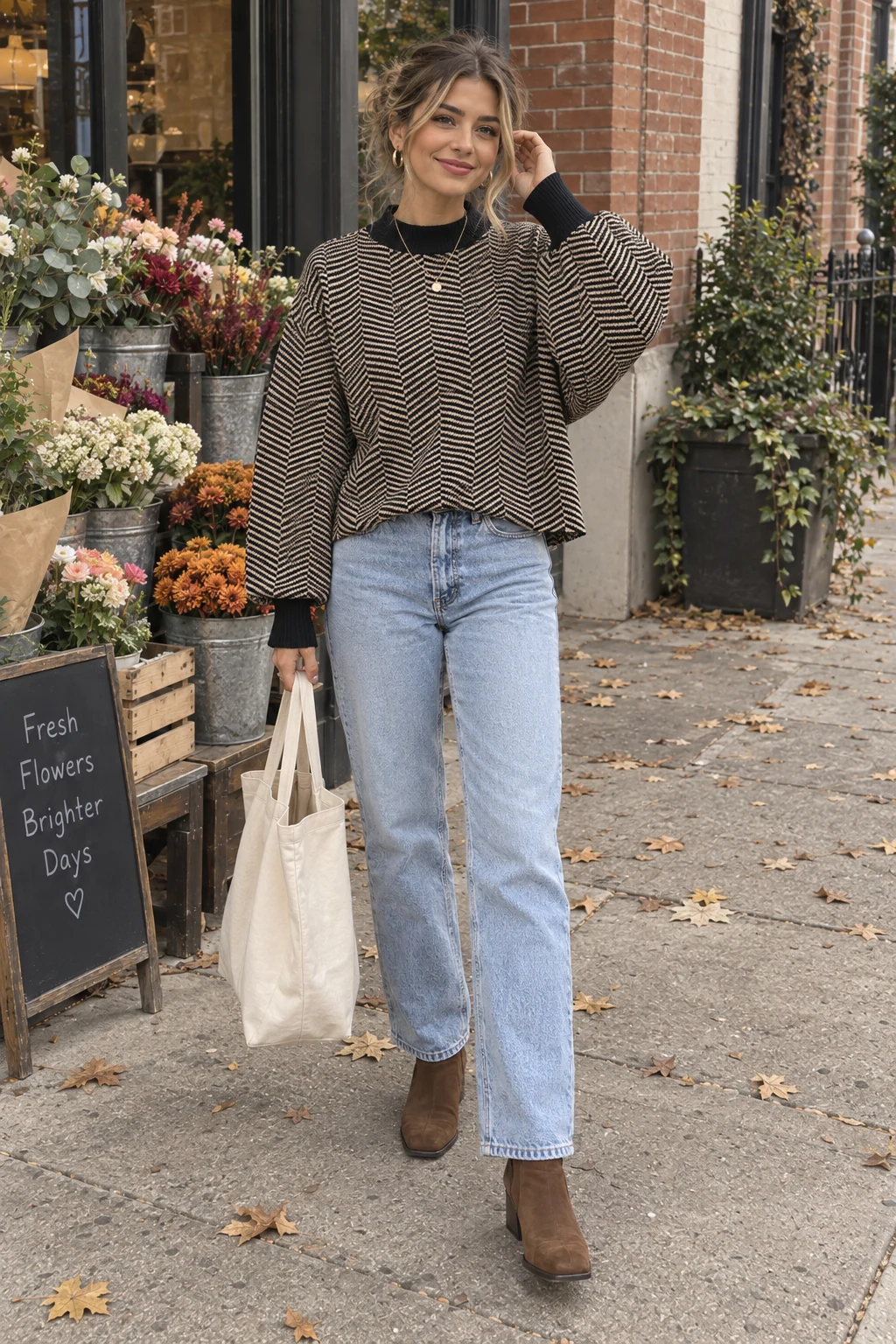 A woman facing the camera without sunglasses in a fine chevron-stripe knit, light jeans and brown ankle boots