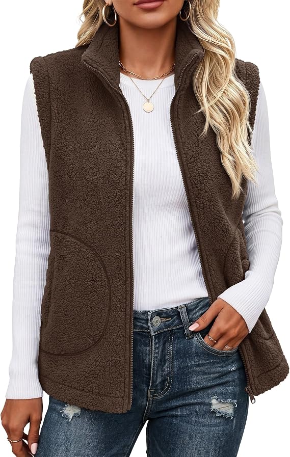 YUCOLEN Sherpa fleece full-zip vest — Brown