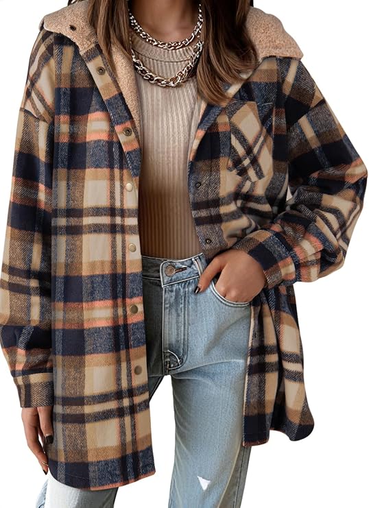 Dokotoo Hooded fleece-lined plaid shacket — Light French Beige