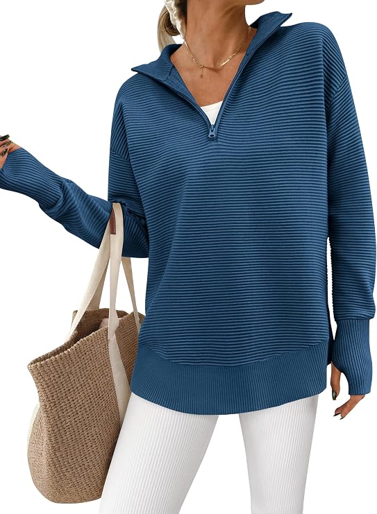 PRETTYGARDEN Ribbed quarter-zip pullover — Dark Blue