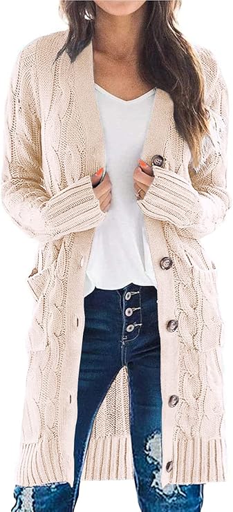 PRETTYGARDEN Long cable-knit button cardigan — Off-white