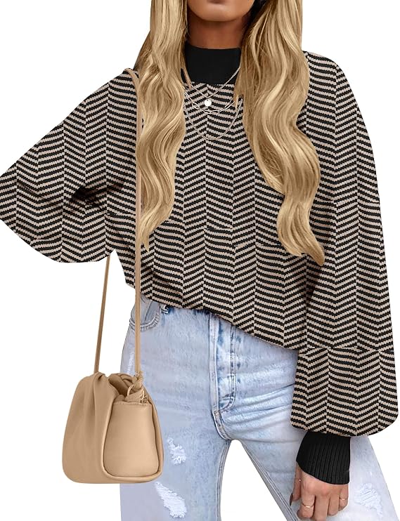 ZESICA Oversized fine-stripe knit pullover — Brownstripe