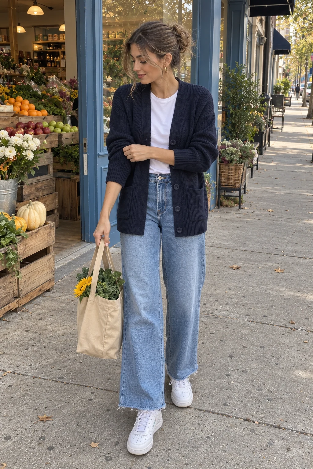 A woman adjusting her cardigan sleeve outside a produce shop in a navy ribbed pocket cardigan, white tee, blue wide-leg jeans and white sneakers