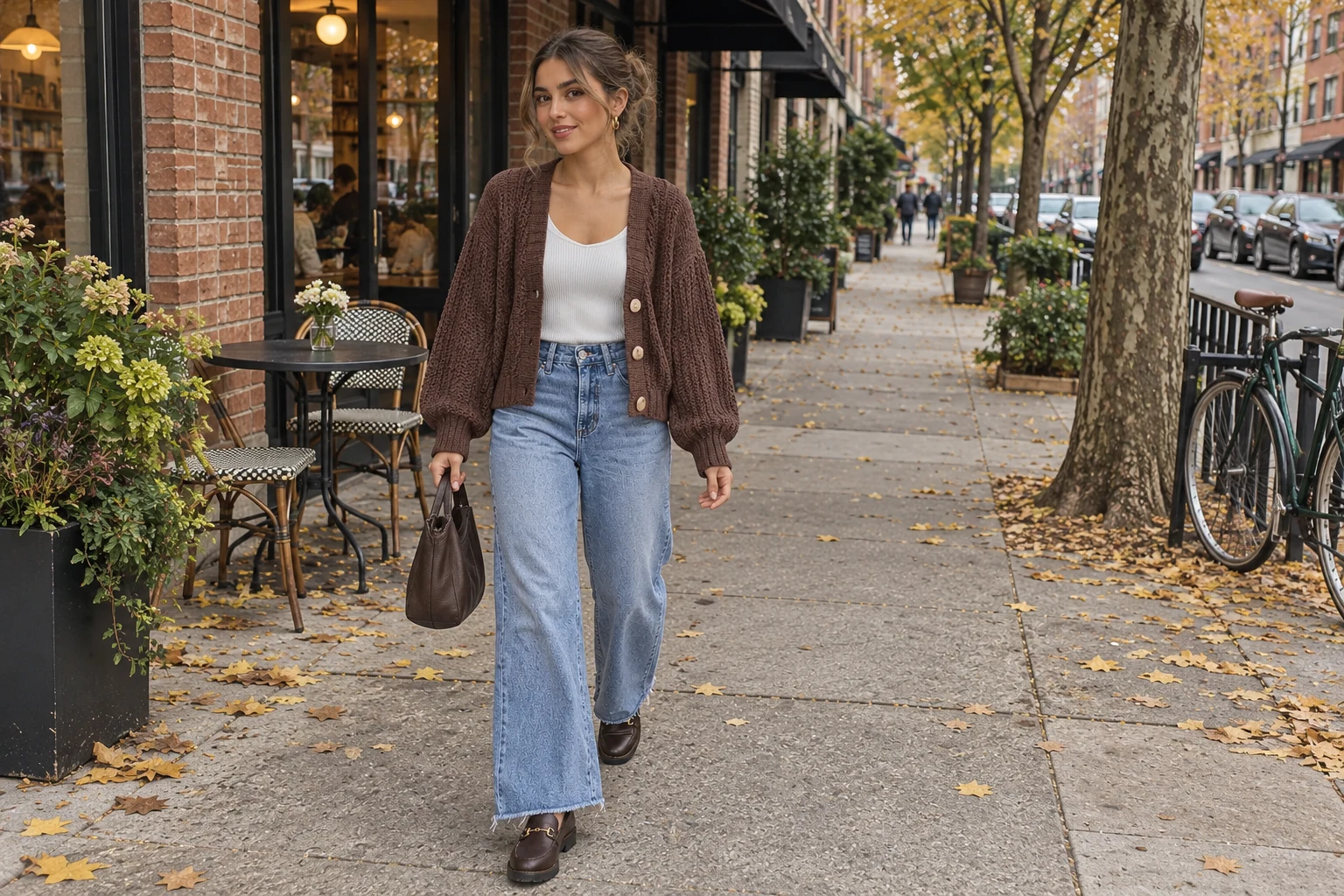 A woman walking outside a neighborhood cafe in a brown chunky cardigan, blue wide-leg raw-hem jeans and brown loafers
