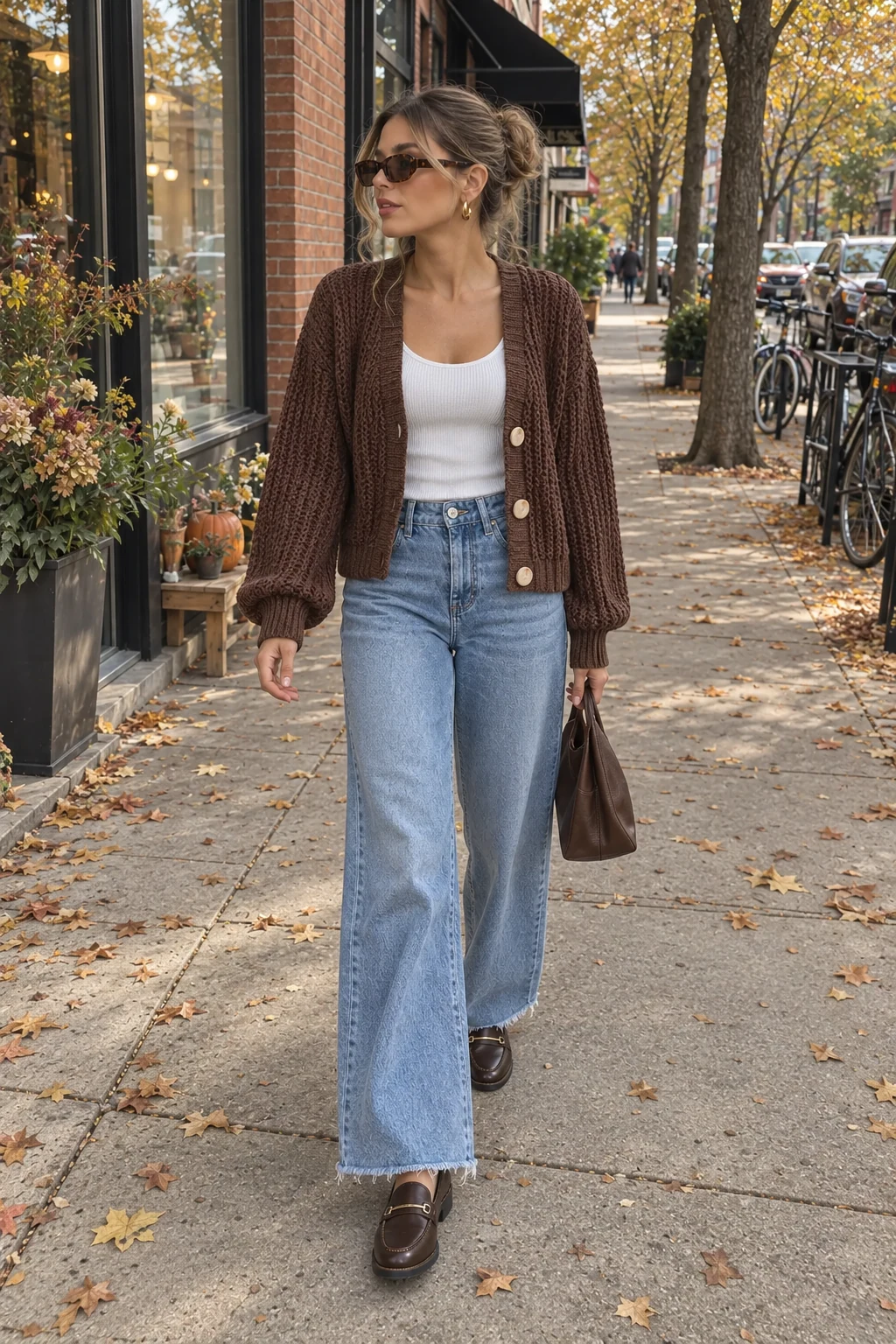 A woman walking along a neighborhood street in a short brown chunky cardigan, blue wide-leg raw-hem jeans and brown loafers