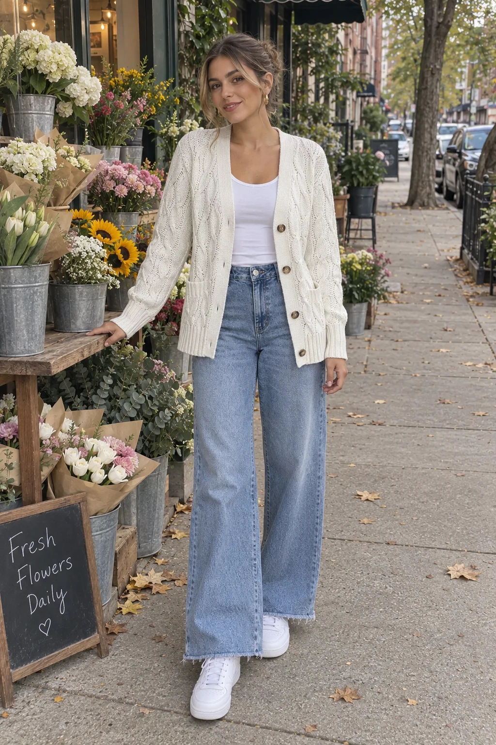 A woman standing at a neighborhood flower stall without sunglasses in an ivory cable cardigan, white tank, blue wide-leg jeans and white sneakers
