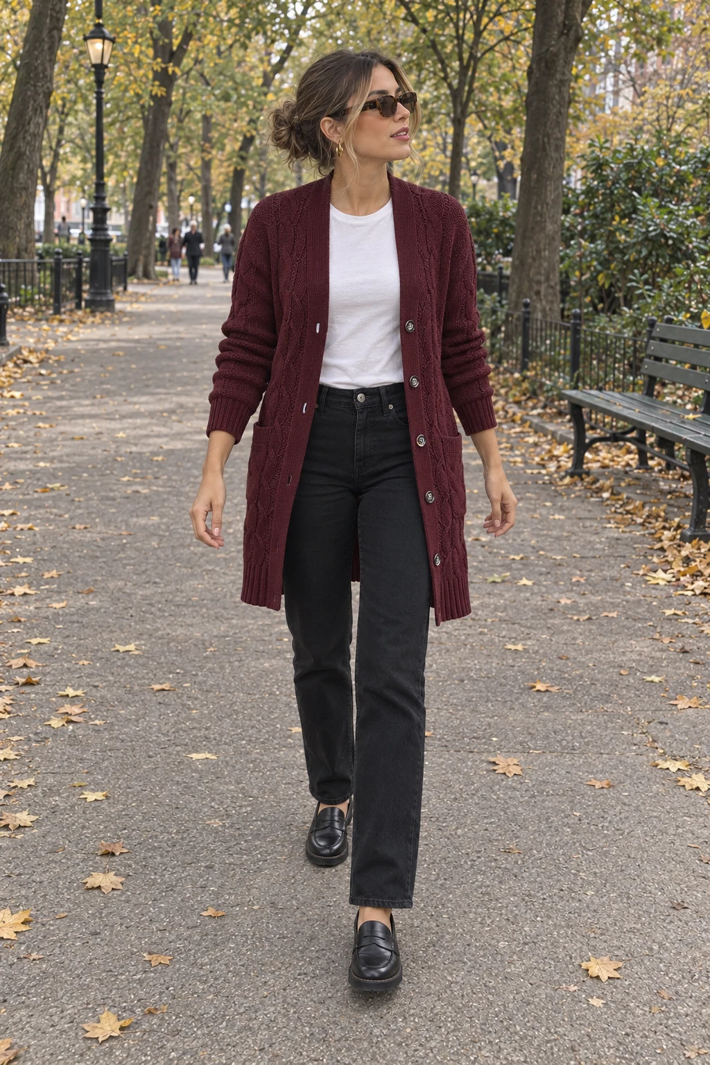 A woman walking through a park in a long wine cable-knit cardigan, white tee, black straight-leg jeans and black loafers