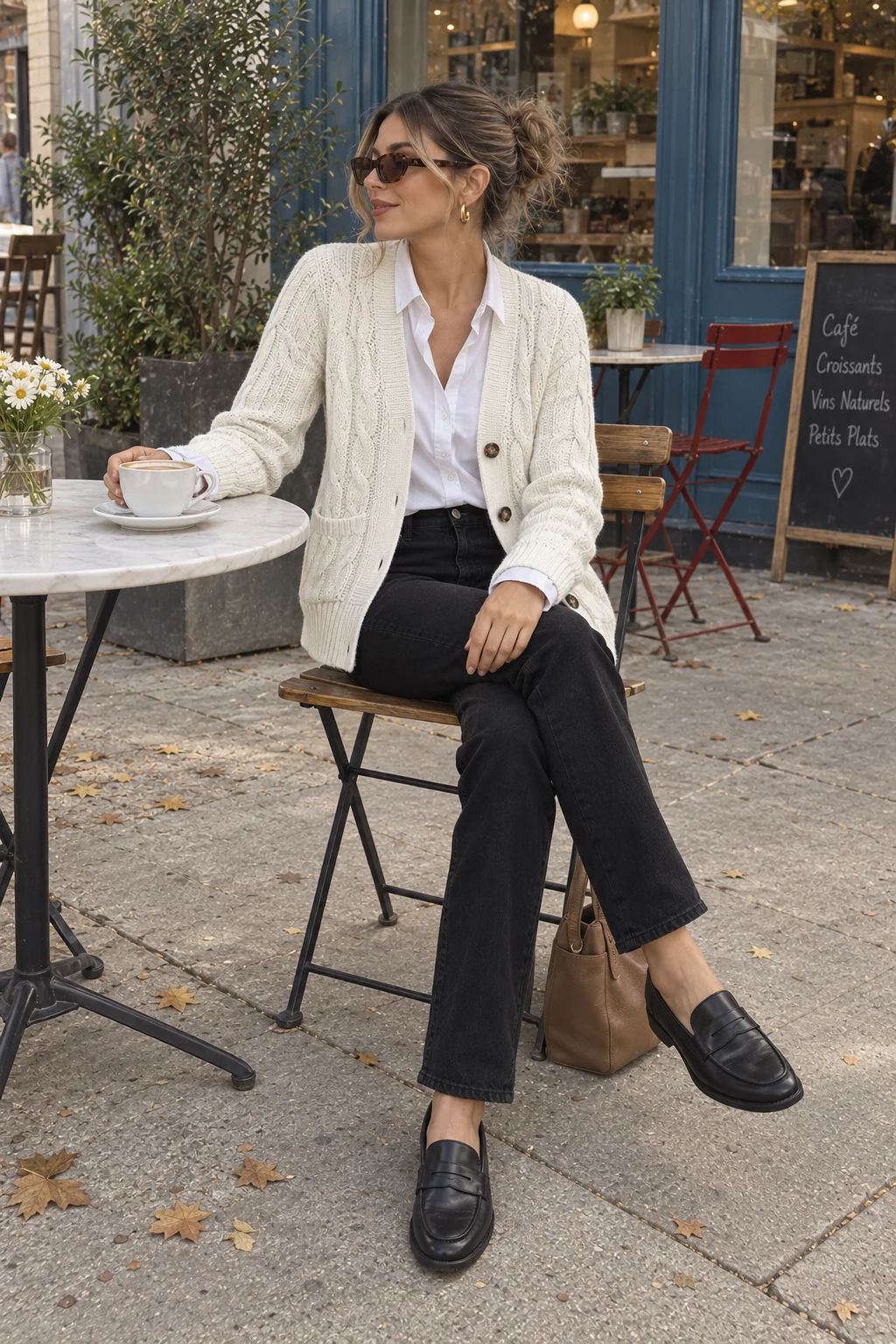 A woman seated outside a cafe in an ivory cable cardigan over a white collared shirt, black straight-leg jeans and black loafers