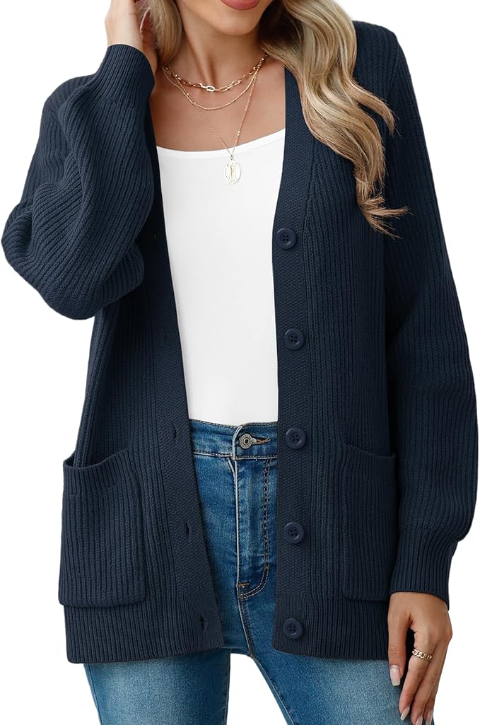 VIISHOW chunky ribbed V-neck cardigan with pockets — Navy Blue