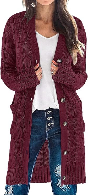 MEROKEETY long cable-knit button cardigan — Wine