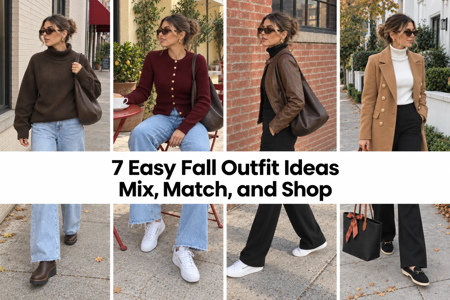 Four candid fall outfit photos featuring a brown turtleneck, burgundy cardigan, brown moto jacket, and camel coat, with the headline: 7 Easy Fall Outfit Ideas — Mix, Match, and Shop