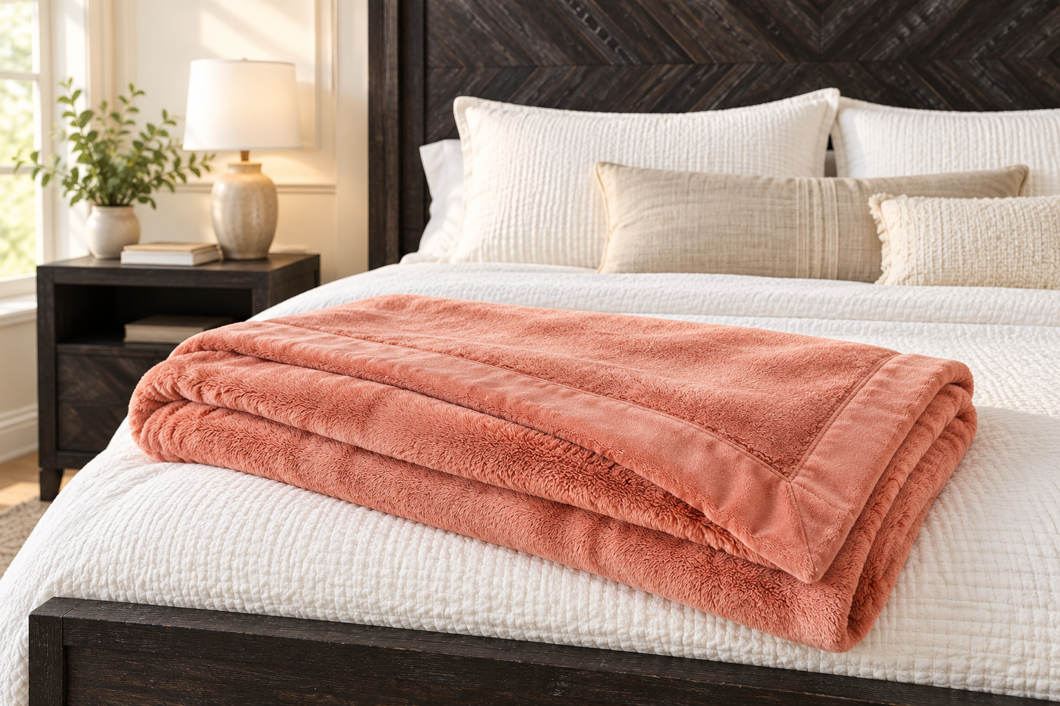 A folded clay-colored plush blanket showing its smooth border on white bedding over a dark herringbone bed frame
