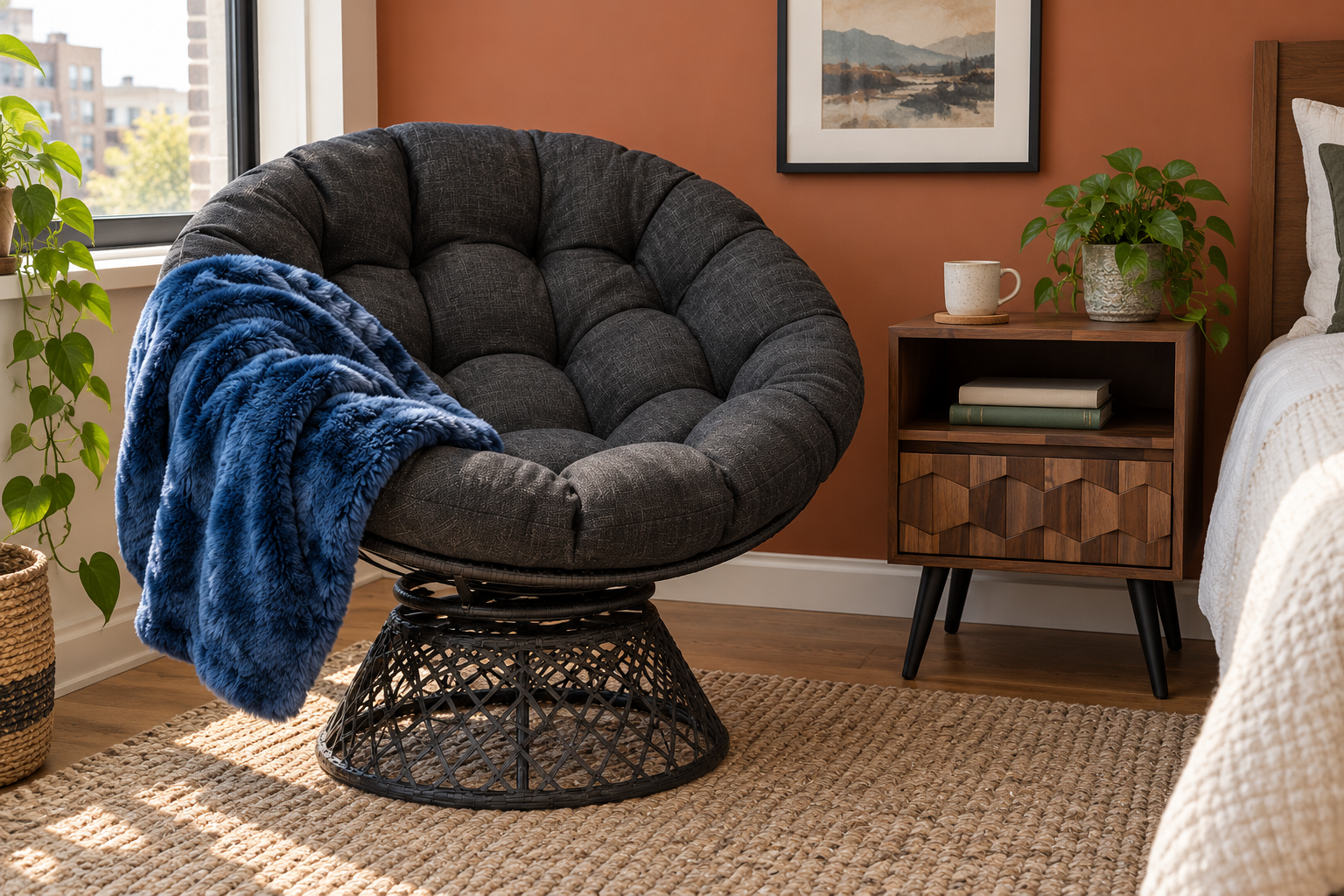 A charcoal tufted papasan chair with a blue throw beside a geometric wood side table in a terracotta bedroom corner