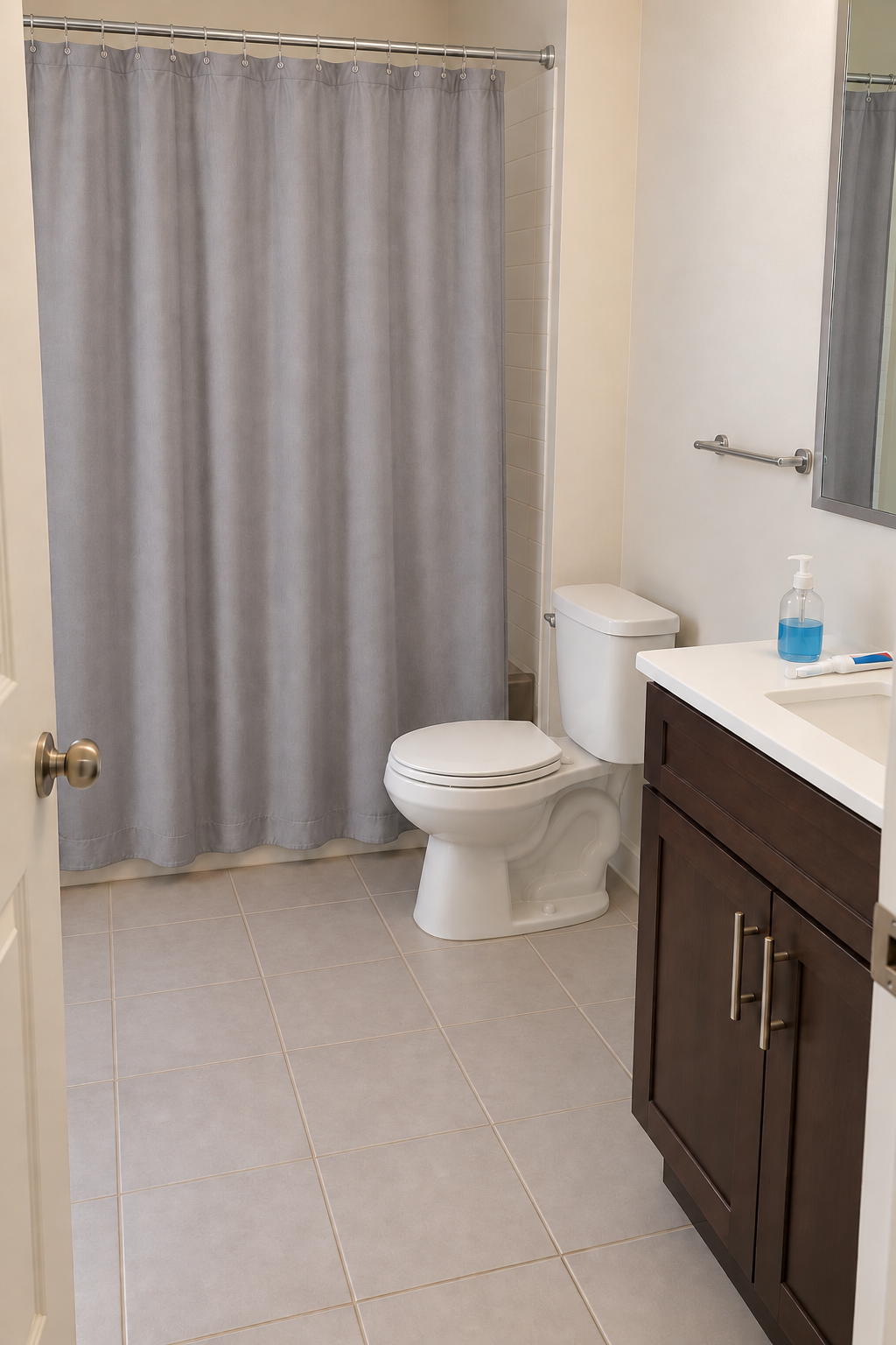 Before: plain small bathroom with a gray shower curtain, bare tile floor, empty chrome towel rail, and a dark vanity with a plastic soap bottle