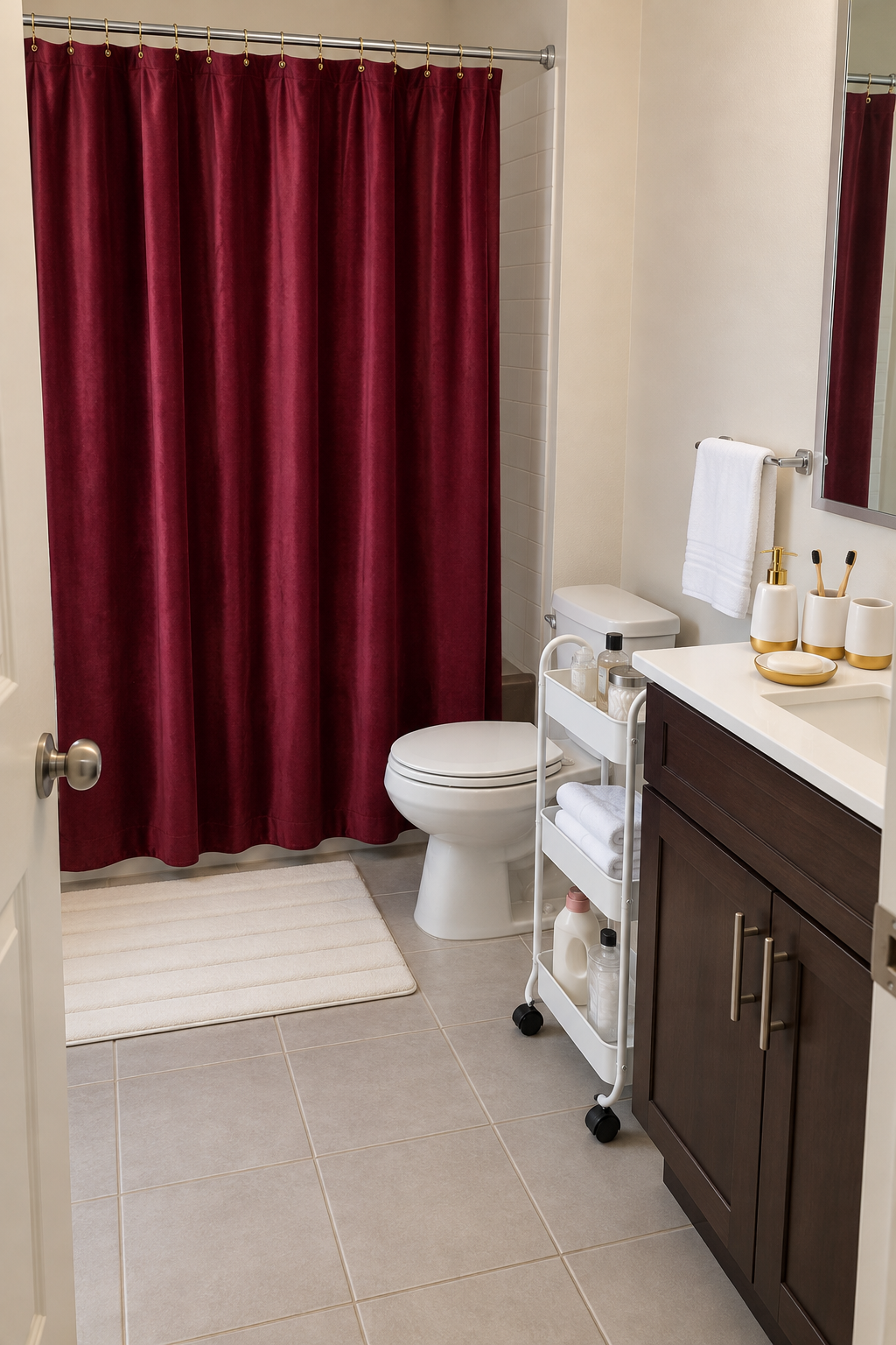 After: the same small bathroom with a burgundy velvet curtain, ivory channeled mat, white towels, white and gold-tone ceramic accessories, and a slim white three-tier cart