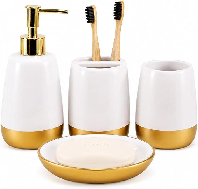 4-Piece Ceramic Bathroom Accessories Set — White and Gold-Tone