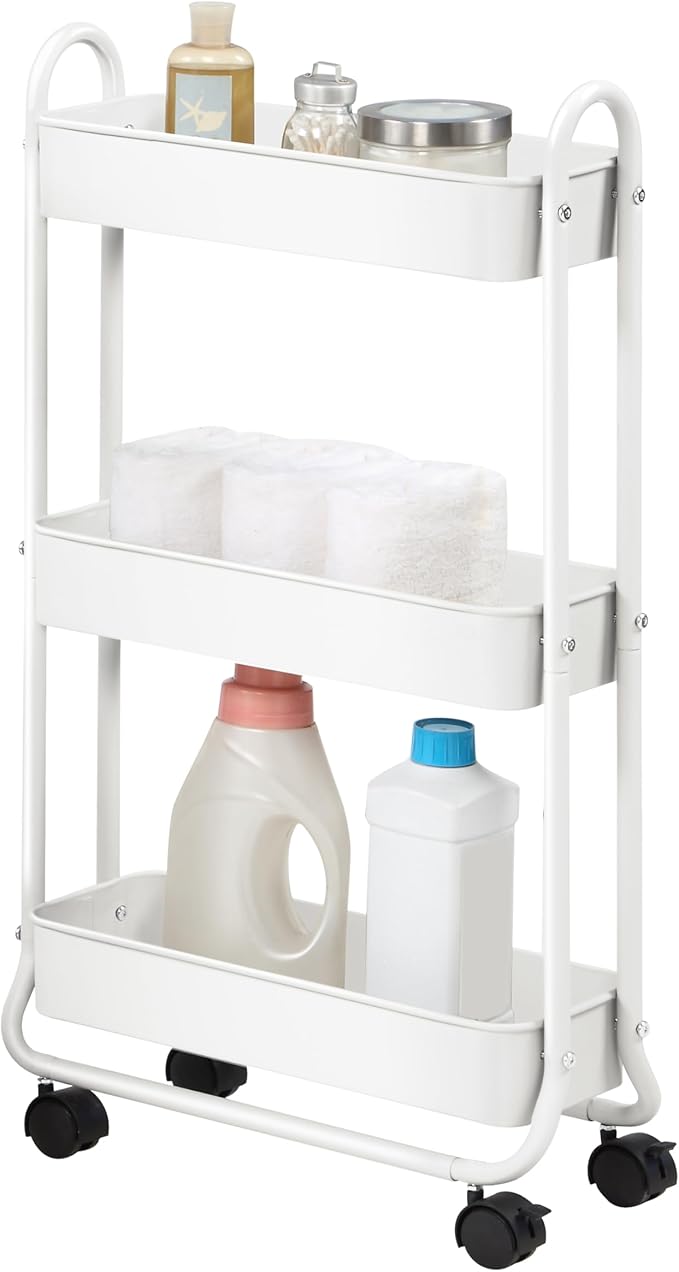 SunnyPoint Slim Rolling Storage Cart — White, 3 Tier